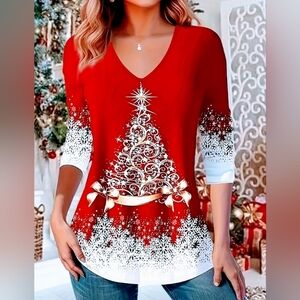 Women's long-sleeved Christmas tree print V-neck causal shirts